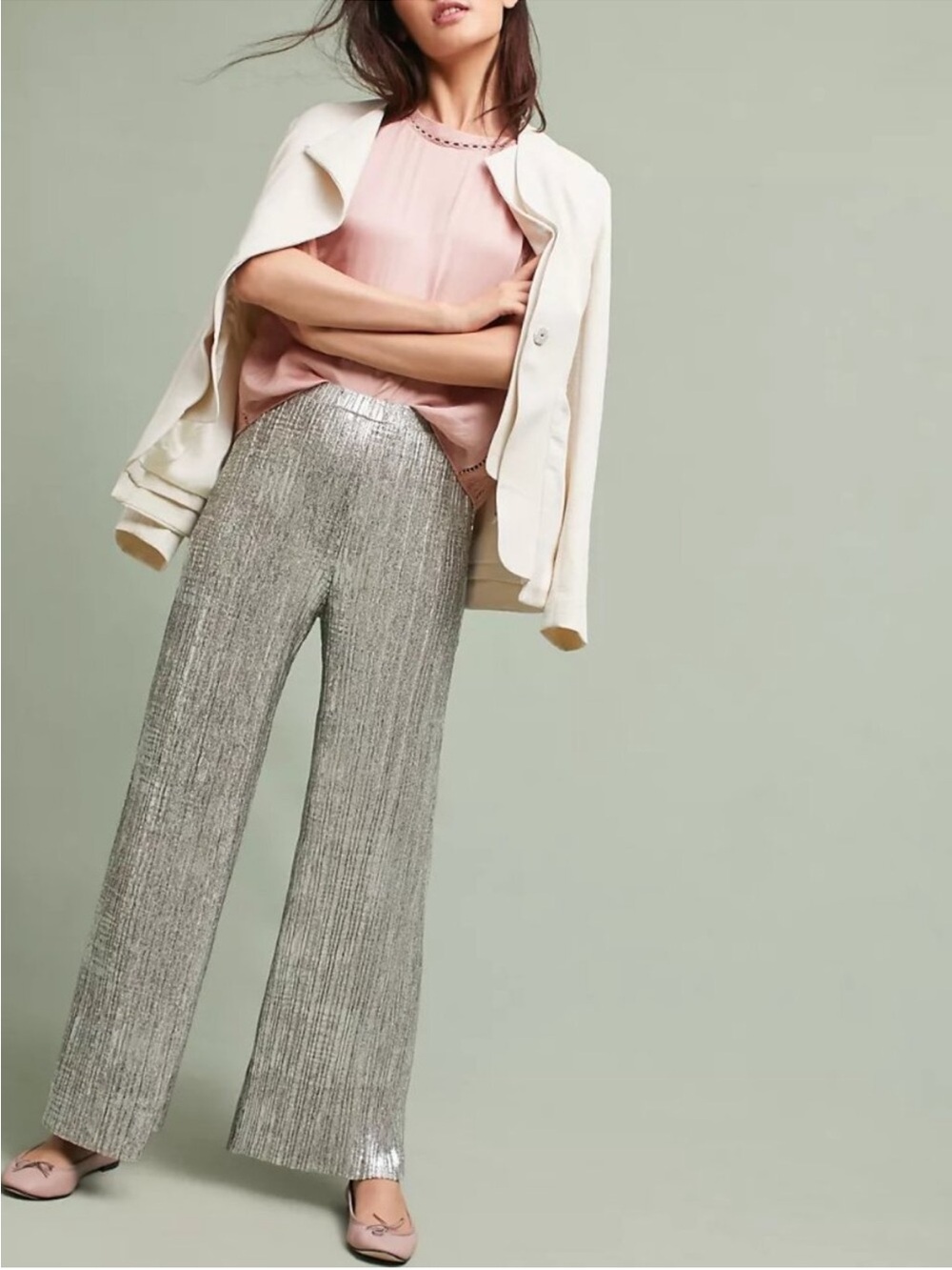 Anthro Elevenses Silver Metallic Wide Leg Pleated Pants
